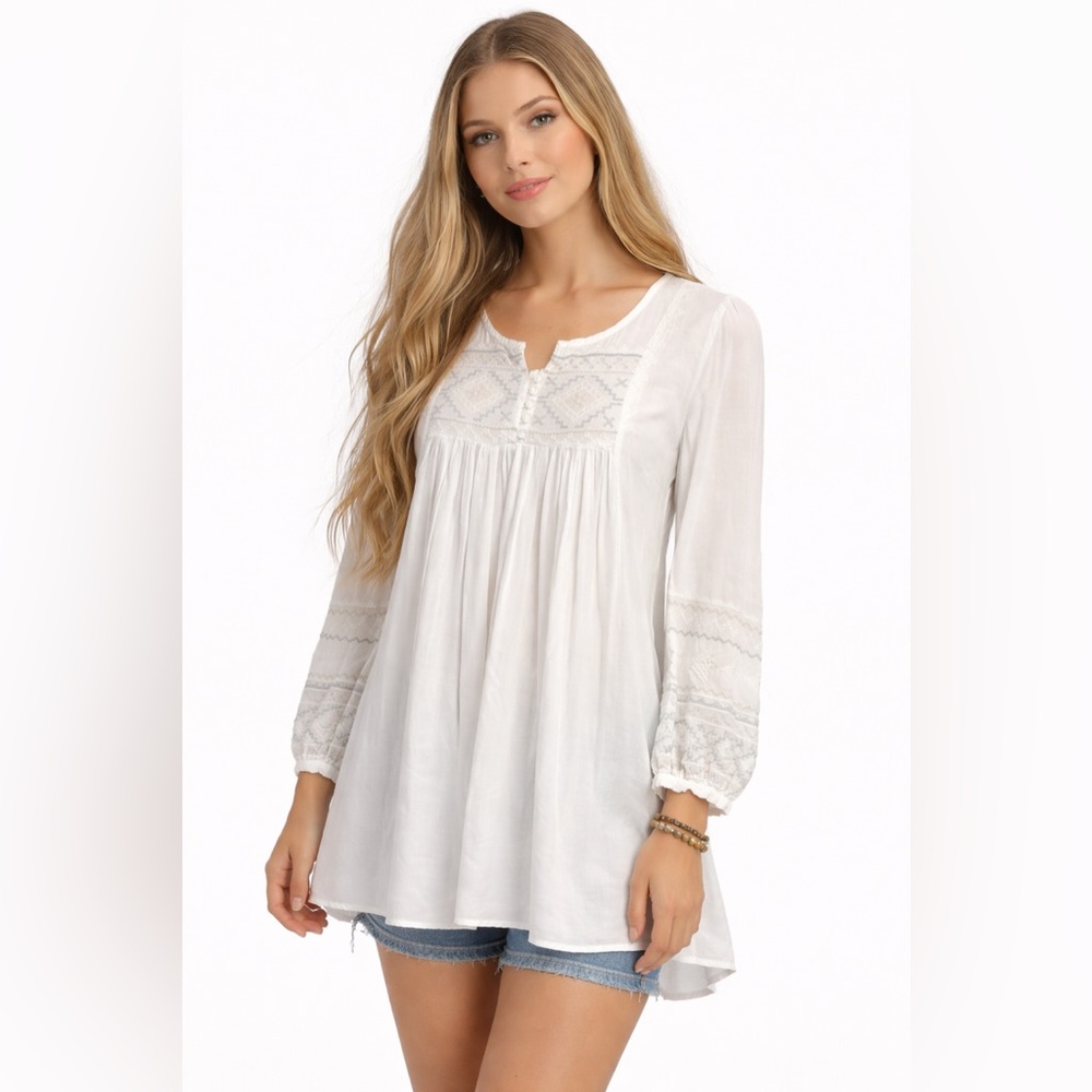 Mollorello White Embroidered Boho Tunic Top Peasant Babydoll Blouse Cottagecore